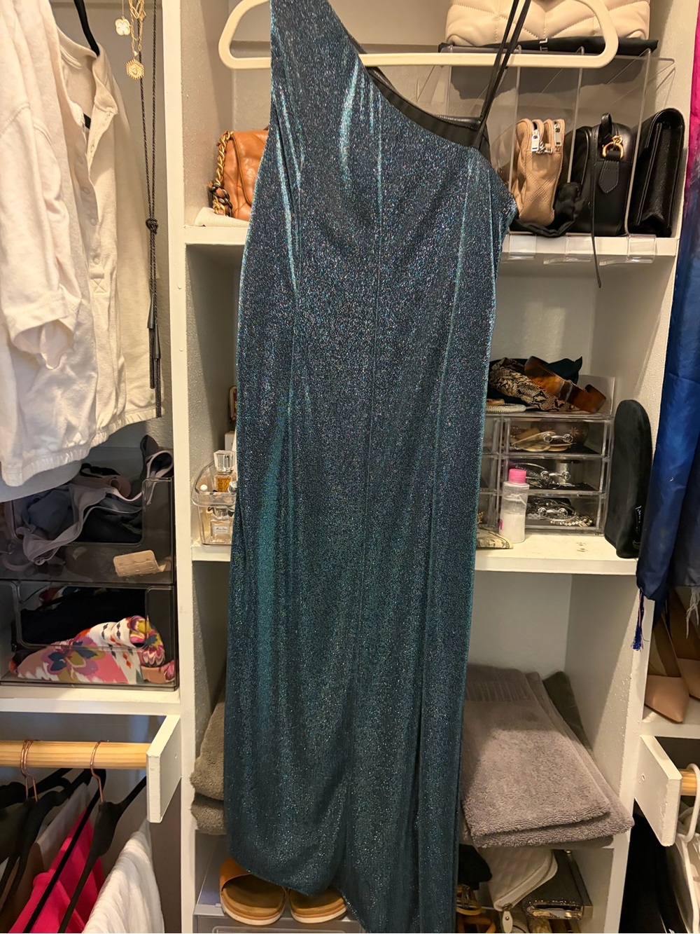NEW Aidan Mattox Teal One-Shoulder Glitter Gown